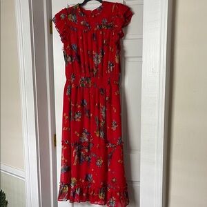 CeCe Red Floral Ruffled Smocked Waist Midi Dress